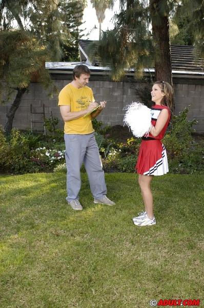 Slutty cheerleader gets tricked into blowjob with ball licking outdoor