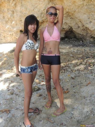 Hot little Asian sluts Shanelle & Bubbles pose & preen in skimpy beach outfits 78754823