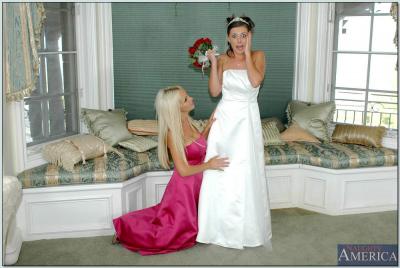 Busty blonde Nikki Benz helping Penny Flame to try on wedding dress